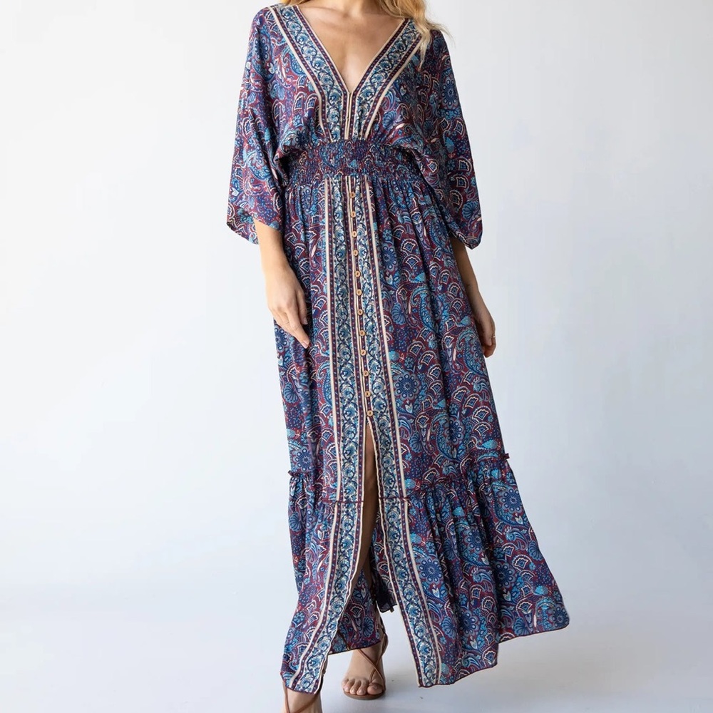 Natural Life Blue Red Floral Short Sleeve Bohemian Maxi Dress Size Large